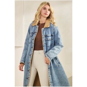 Light Wash Teddy Line Button Down Pockets Denim Jean Long Jacket